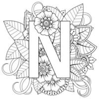Letter N with Mehndi flower. decorative ornament in ethnic oriental vector