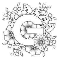 Letter G with Mehndi flower. decorative ornament in ethnic oriental vector