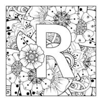 Letter R with Mehndi flower. decorative ornament in ethnic oriental vector