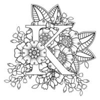 Letter K with Mehndi flower. decorative ornament in ethnic oriental vector