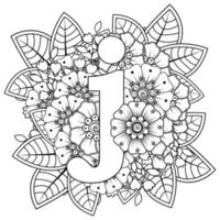 letra j con flor mehndi. adorno decorativo en etnia oriental vector