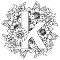 Letter K with Mehndi flower. decorative ornament in ethnic oriental vector