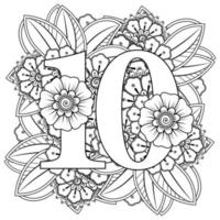 Number 10 with Mehndi flower. decorative ornament in ethnic oriental. vector