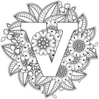 Letter V with Mehndi flower. decorative ornament in ethnic oriental vector