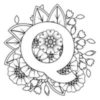 letra q con flor mehndi. adorno decorativo en etnia oriental vector