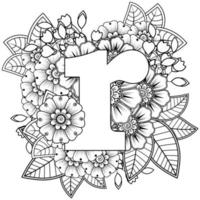 Letter R with Mehndi flower. decorative ornament in ethnic oriental vector