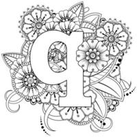 Letter Q with Mehndi flower. decorative ornament in ethnic oriental vector