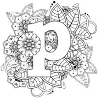 Letter P with Mehndi flower. decorative ornament in ethnic oriental vector