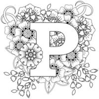 Letter P with Mehndi flower. decorative ornament in ethnic oriental vector