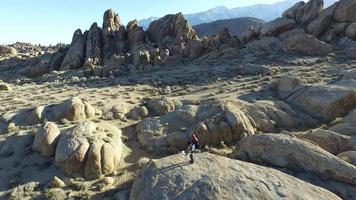 Toma aérea de un mochilero joven parado sobre una roca con su perro en una cordillera del desierto. video