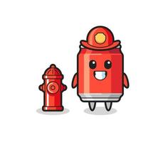 personaje de mascota de lata de bebida como bombero vector