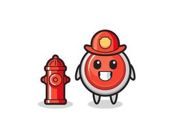 Personaje de mascota del botón de pánico de emergencia como bombero. vector