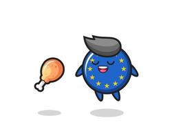 cute europe flag badge floating and tempted because of fried chicken vector