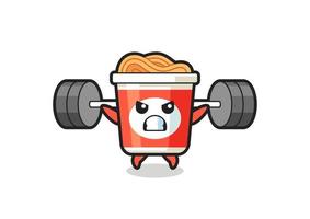 instant noodle mascot cartoon with a barbell vector