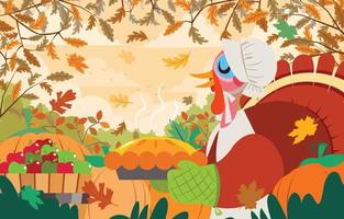 Happy Thanksgiving Background with Pilgrim Turkey Serving Pie vector