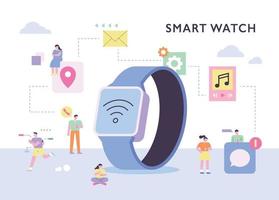 People enjoying various lifestyles around a giant smart watch. vector