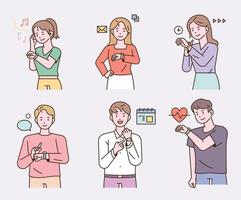 People wearing smart watches and using different apps. vector