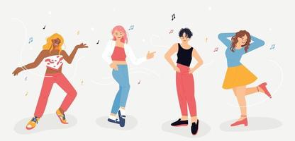 las chicas con estilo están bailando. Ilustración de vector de estilo de diseño plano.