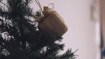 Golden box Christmas ornament hanging on a dry tree branch. 4K handheld shooting. video