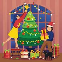 Couple Decorating Christmas Tree vector