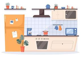 Sala de cocina con ilustración de vector de fondo de muebles