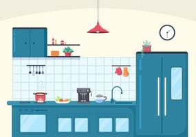 Kitchen Room with Furniture Background Vector Illustration