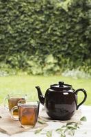 Two transparent mugs with herbal tea, teapot  on table garden photo
