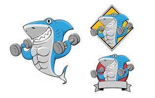 sonrisa tiburón ejercicio culturismo ilustración de dibujos animados mascota de fitness vector