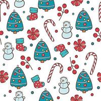 Christmas seamless pattern with snowman, fir trees and snowflakes.