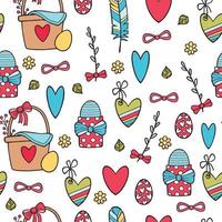 Floral seamless pattern with eggs, hearts and stylized flowers. vector
