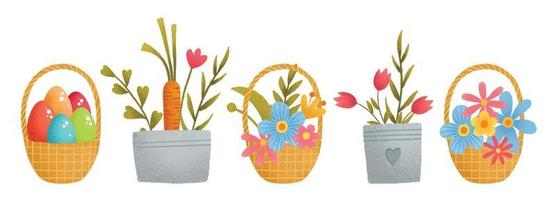 A cute colorful Easter set, basket, eggs, bunny carrot vector