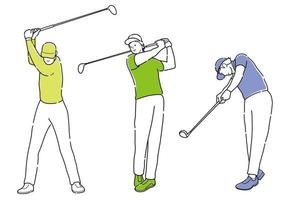 Set Of Golfers Simple Line Drawings Isolated On A White Background.