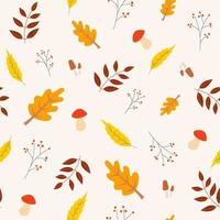 seamless autumn pattern with leaves, mushrooms, branches and berries. vector