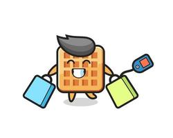waffle mascot cartoon holding a shopping bag vector