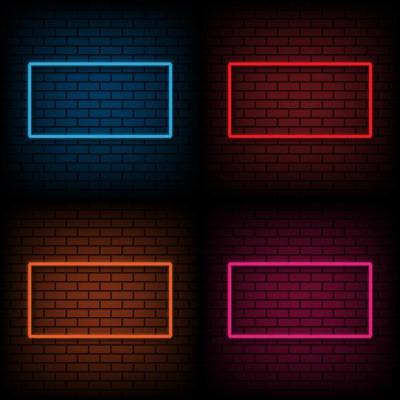 Neon sign of frame on brick wall background, vector illustration