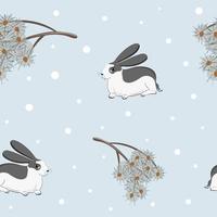 Seamless pattern with cute rabbit in oriental style. Winter pattern vector