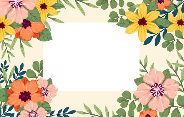 Tropical flowers and leaves background with white frame