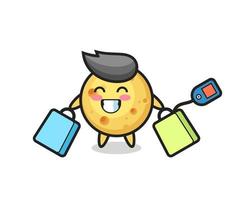 round cheese mascot cartoon holding a shopping bag vector