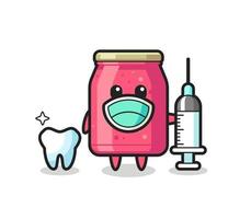 Personaje de mascota de mermelada de fresa como dentista. vector