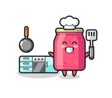 ilustración de personaje de mermelada de fresa mientras un chef está cocinando vector