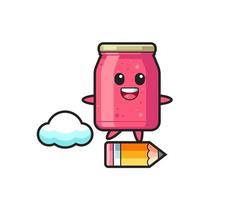 strawberry jam mascot illustration riding on a giant pencil vector