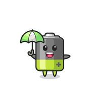 cute battery illustration holding an umbrella vector