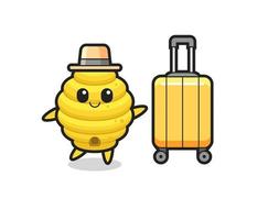 bee hive cartoon illustration with luggage on vacation