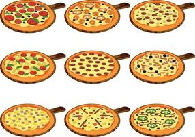 Whole pizza types with different toppings collection vector