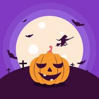 Scary pumpkin on the background of the moon. Bats and witch in the sky vector