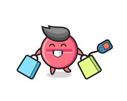 dibujos animados de mascota de tableta de medicina sosteniendo una bolsa de compras vector