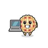 Ilustración de mascota de tarta de manzana con una computadora portátil vector