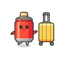 drink can cartoon illustration with luggage on vacation vector