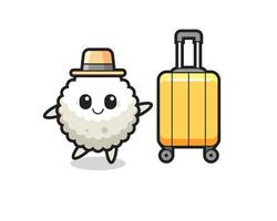 rice ball cartoon illustration with luggage on vacation vector