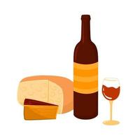 bottle and glass of wine with cheese and cheesecake vector